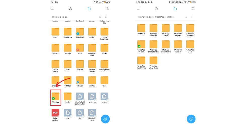 open file manager go to internal storage then whatsapp folder then media