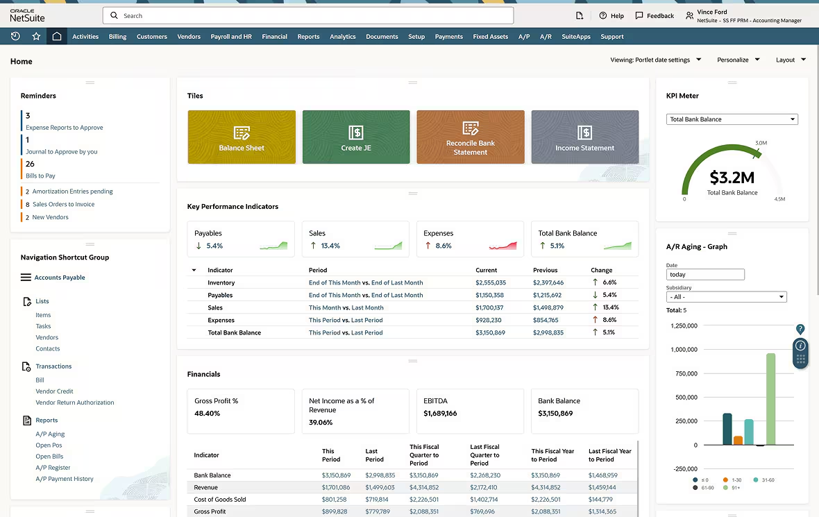 Oracle NetSuite dashboard